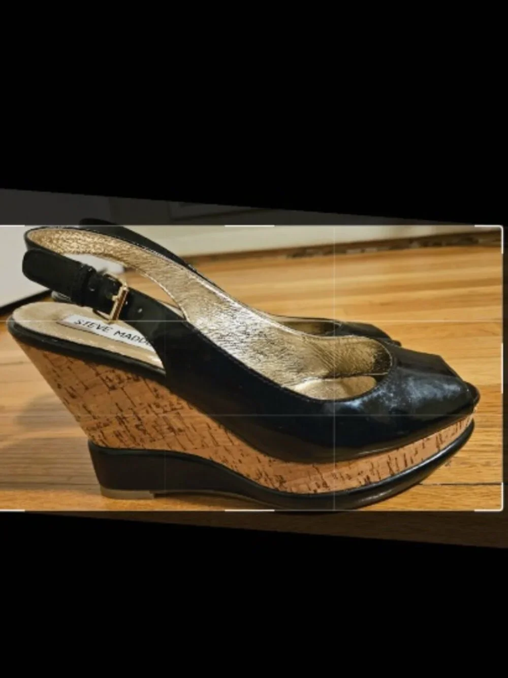 Steve Madden Black Slingback Peep Toe Cork Wedge Pumps Sz 38 fits 7